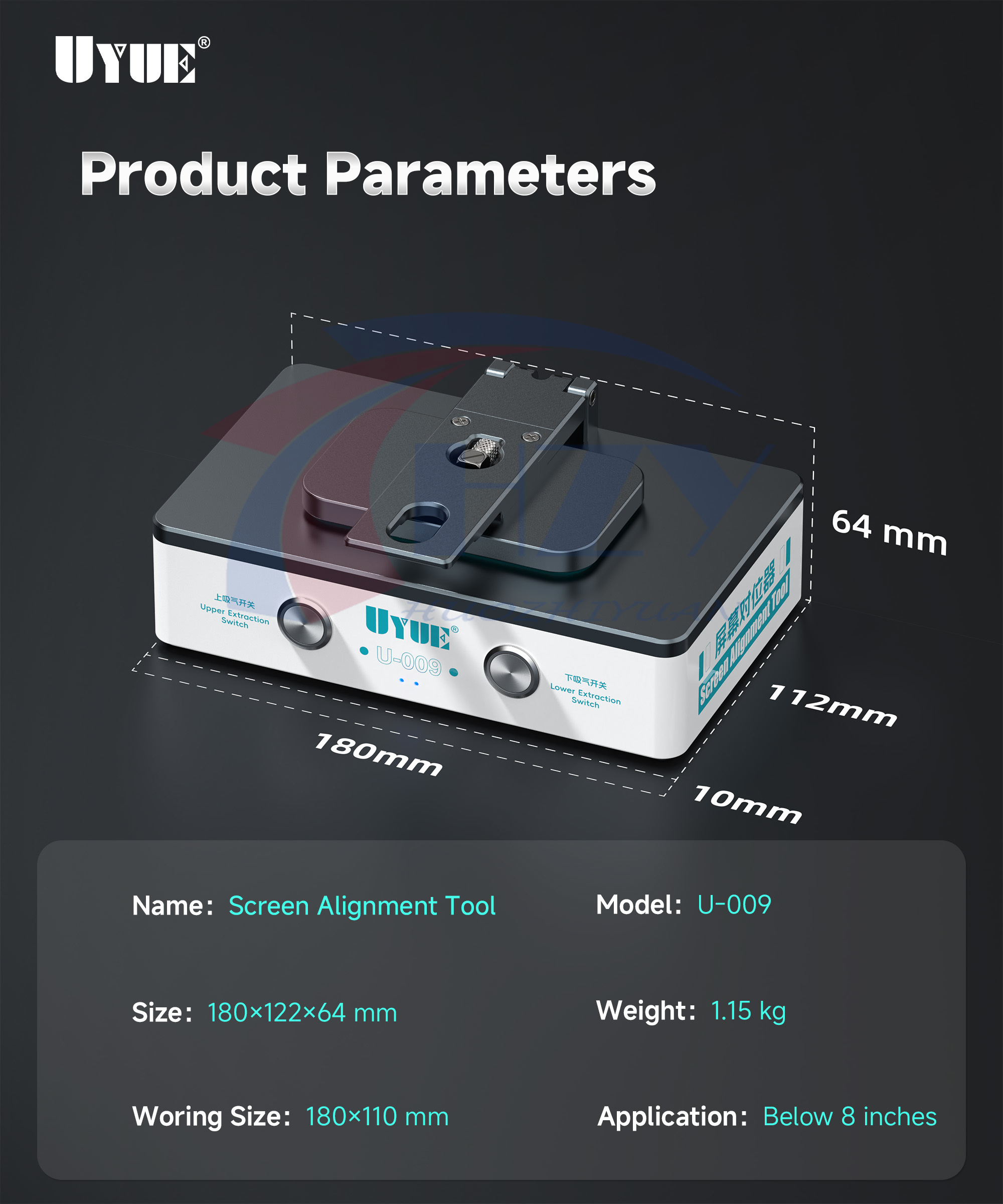 Screen Alignment Tool - เครื่องมือปรับตำแหน่งหน้าจอ UYUE U009 พร้อมปั๊มสุญญากาศคู่อิสระในตัว 135 °
