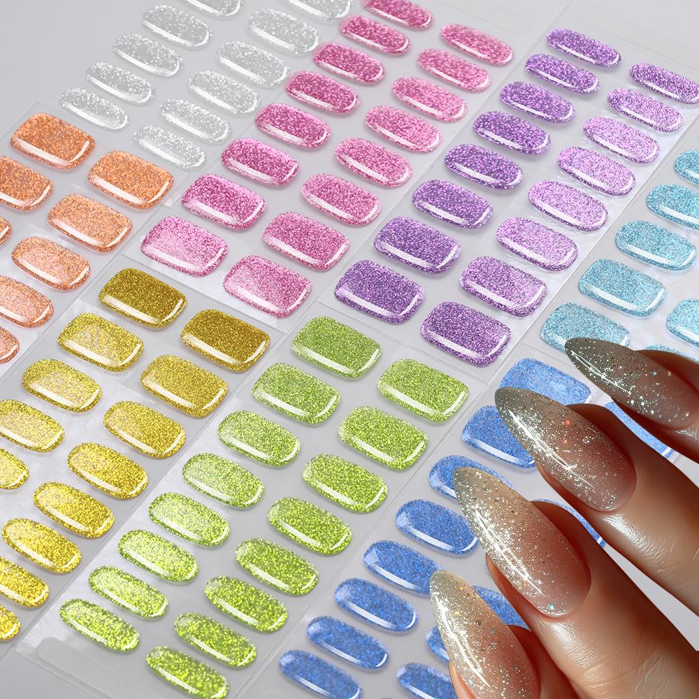 Full Cover Adhesive - สติกเกอร์ติดเล็บเจลกึ่งสำเร็จรูป 16 แบบ สีสันสดใส ประกายวิบวับ ปิดคลุมเล็บเต็มแผ่น