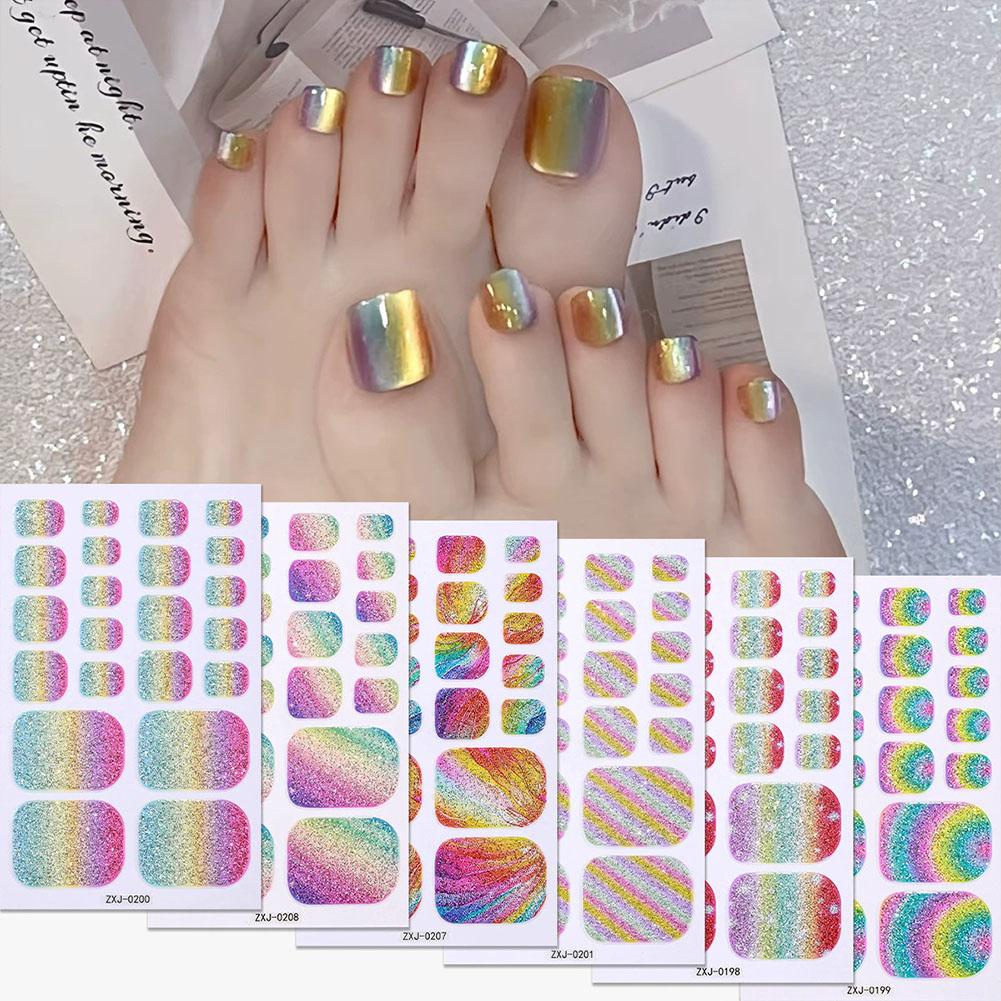 Full Cover Adhesive - สติกเกอร์ติดเล็บเท้าแบบเจลสีรุ้งวิบวับ กันน้ำ ติดทนนาน ปิดคลุมเล็บเท้าเต็มแผ่น
